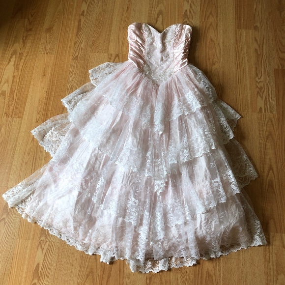 Vintage 1980's prom dress flared ruffled blush - Picture 2 of 7